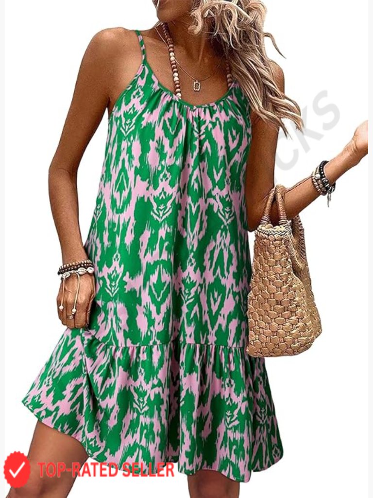 Spaghetti Strap V-Neck Ruffle Hem Flowy Boho Mini Dress Sleeveless Summer